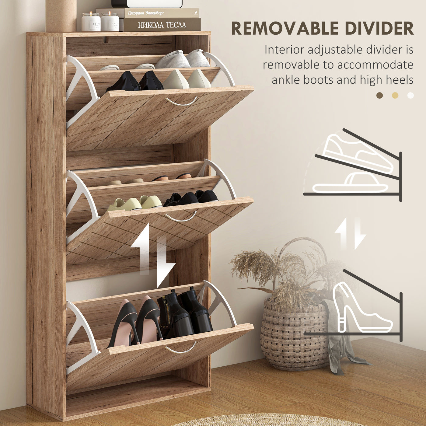 Shoe Storage Cabinet with 3 Flip Drawers, Narrow and Slim, 12 Pair of Shoes Organizer for Hallway, Entryway, Nature Wood