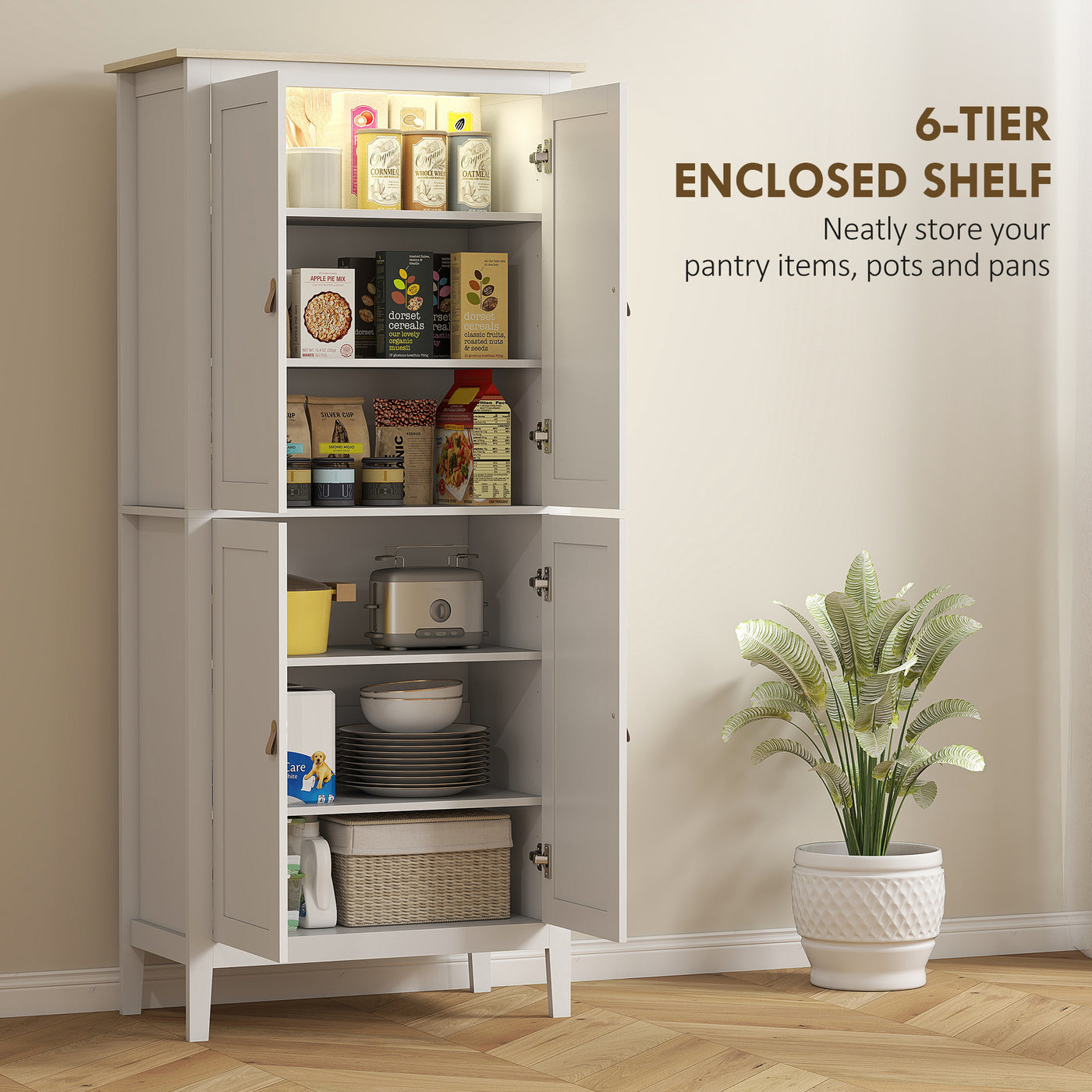 69.5" Tall Kitchen Pantry Storage Cabinet with Motion Sensor LED Light, Modern Kitchen Pantry Cabinet, White