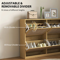 Narrow Shoe Storage Cabinet, Rattan Shoe Cabinet with 4 Flip Drawers and Adjustable Shelves for 20 Pairs, Oak