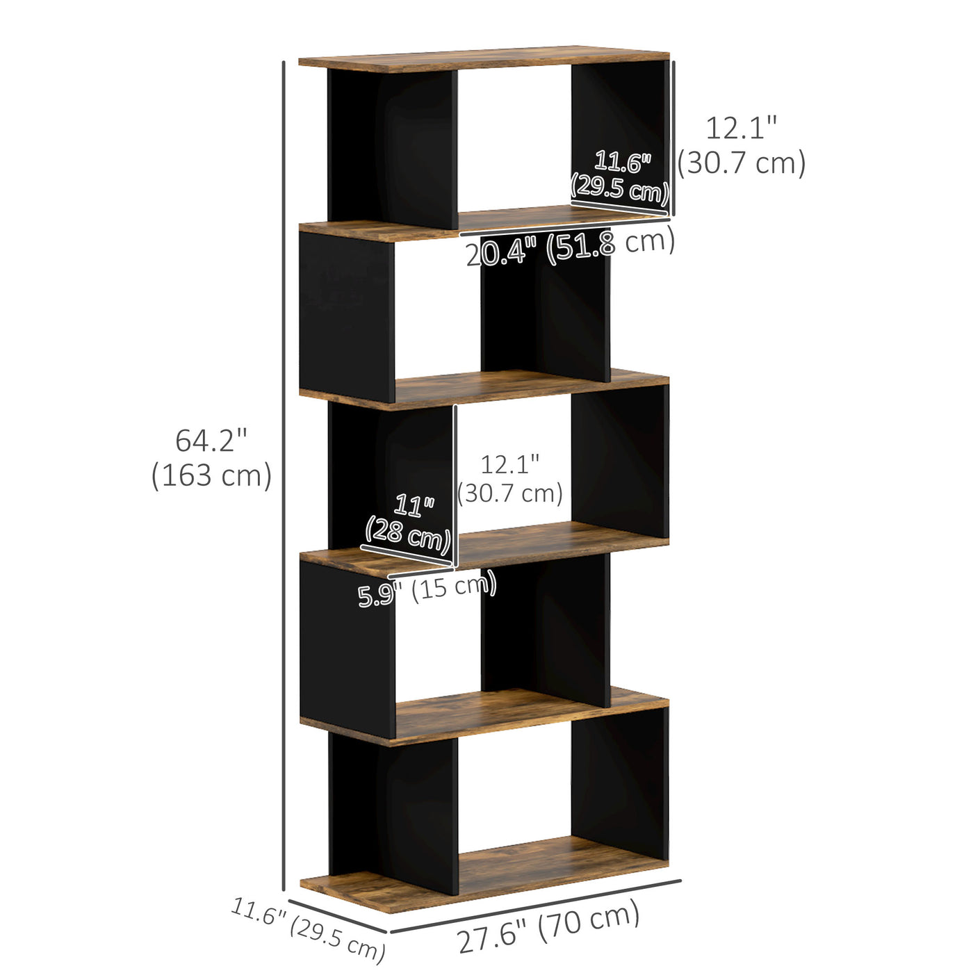 5-Tier Bookshelf, Geometric S Shaped Bookcase, Tall Narrow Display Shelf for for Living Room, Study Room, Rustic Brown