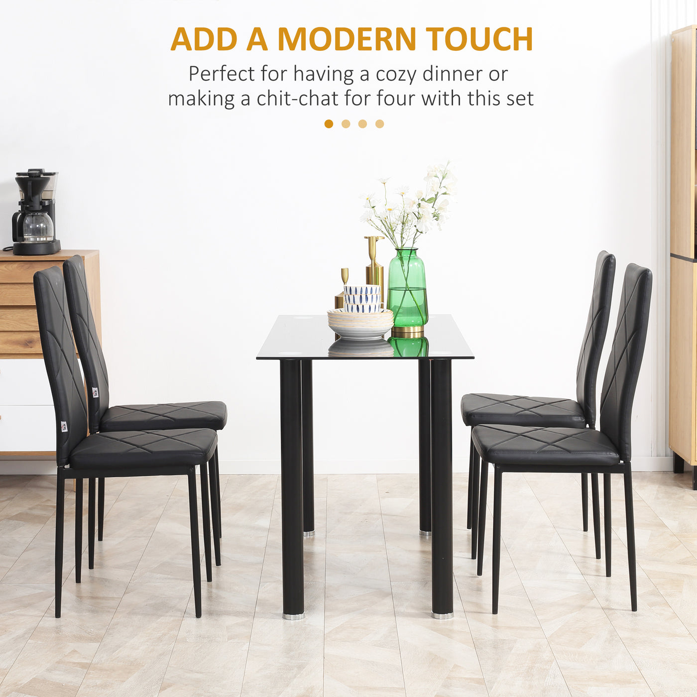 Dining Chairs Set of 4, Modern Accent Chair with High Back, Upholstery Faux Leather and Steel Legs for Living Room, Kitchen, Black