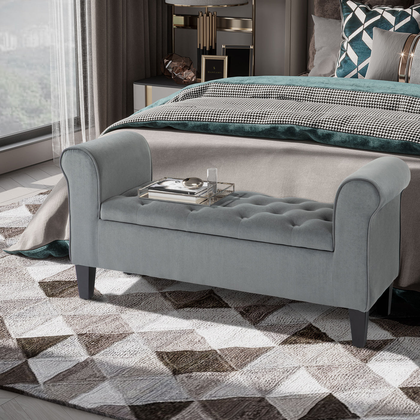 Button Tufted Storage Ottoman Bench, End of Bed Bench with Rolled Arms, Storage Chest for Living Room, Entryway, Grey