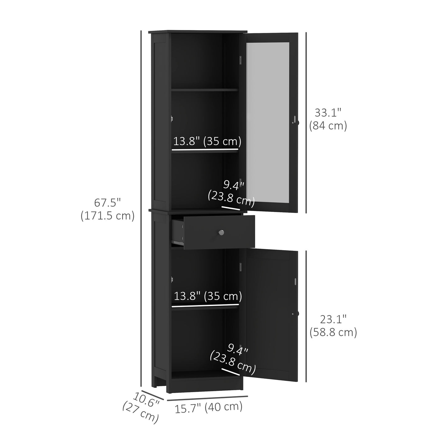 Tall Bathroom Cabinet, Bathroom Storage Cabinet with Drawers, 2 Doors and Adjustable Shelves, Black