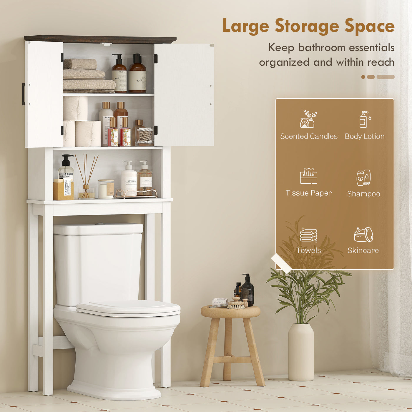Over The Toilet Storage, Bathroom Cabinet Over Toilet with Open Shelf and Adjustable Bottom Bar, White