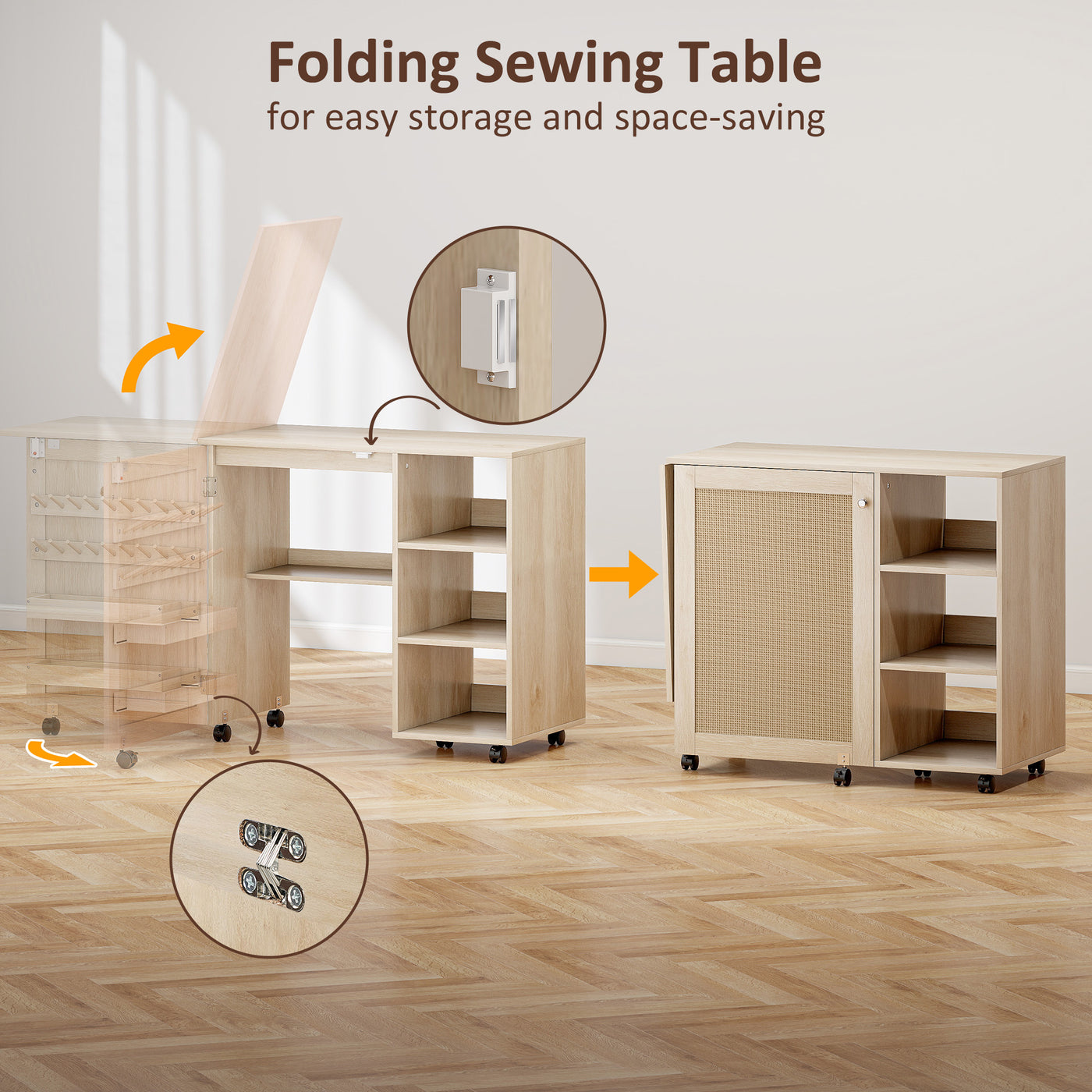 Sewing Machine Table with Drop Leaf, Folding Craft Table Rattan Door and Storage Shelves for Small Spaces, Natural