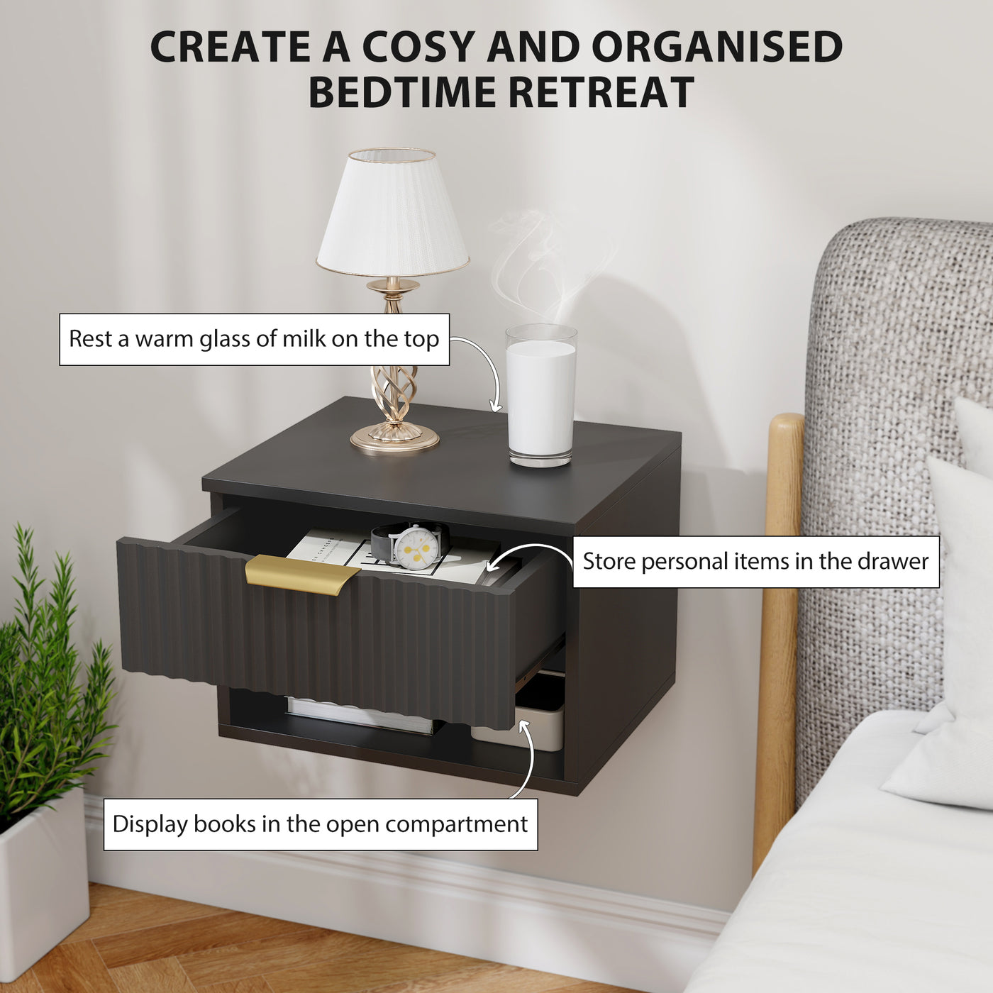 Floating Nightstands, Wall Mounted Bedside Tables Set of 2 with Drawer and Open Shelf, Black