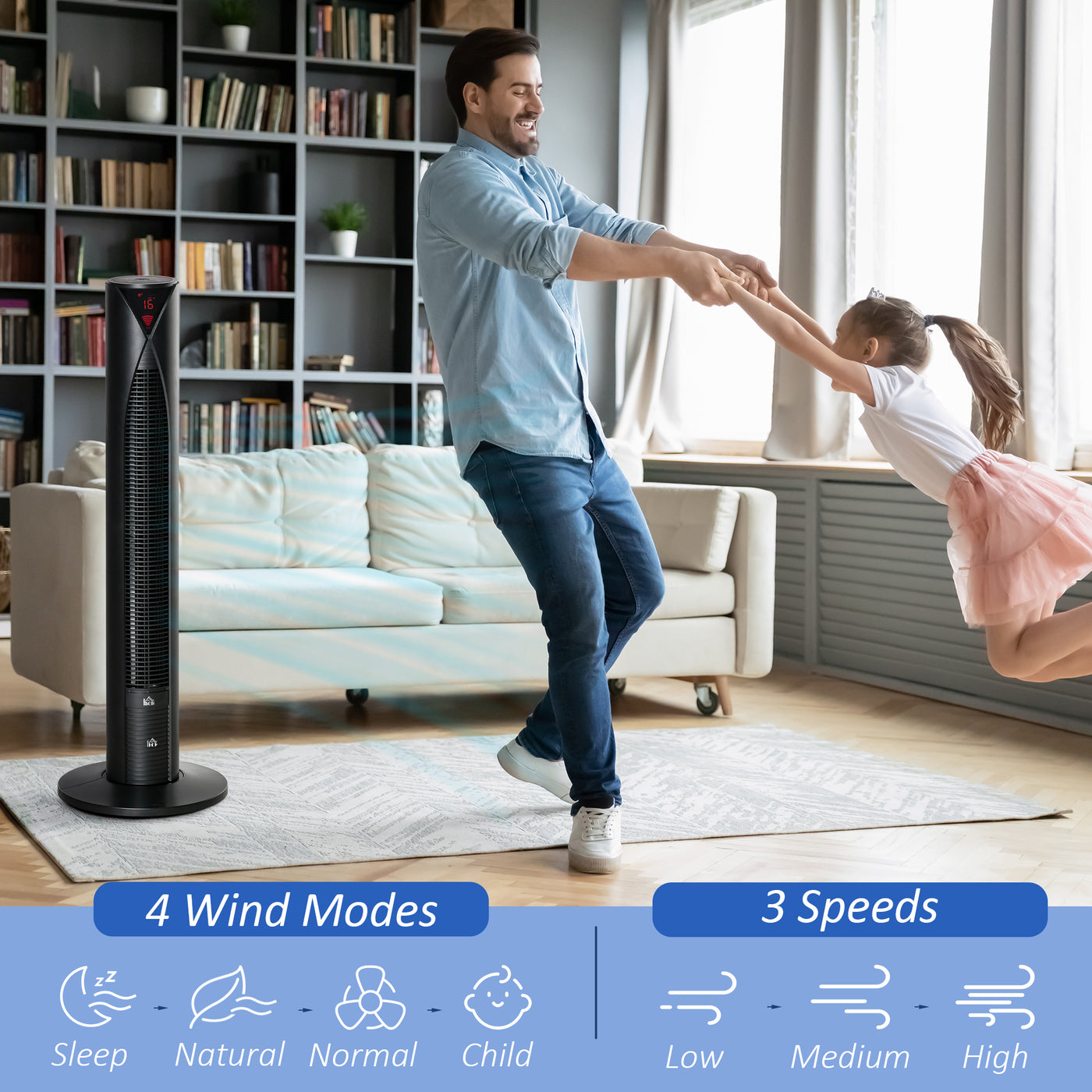 Freestanding Tower Fan Cooling for Home Bedroom with 3 Speed, 12h Timer, Oscillating, LED Sensor Panel, Remote Controller, Black