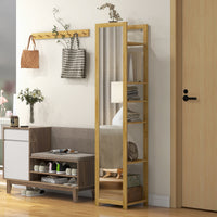 66" x 14" Standing Mirror with 6-Tier Shelf, Floor Mirror Full Body Mirror for Bathroom, Living Room, Nature Wood