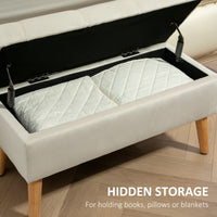 Storage Ottoman with Lid, Velvet Upholstered Storage Bench with Wood Legs for Living Room, Cream White