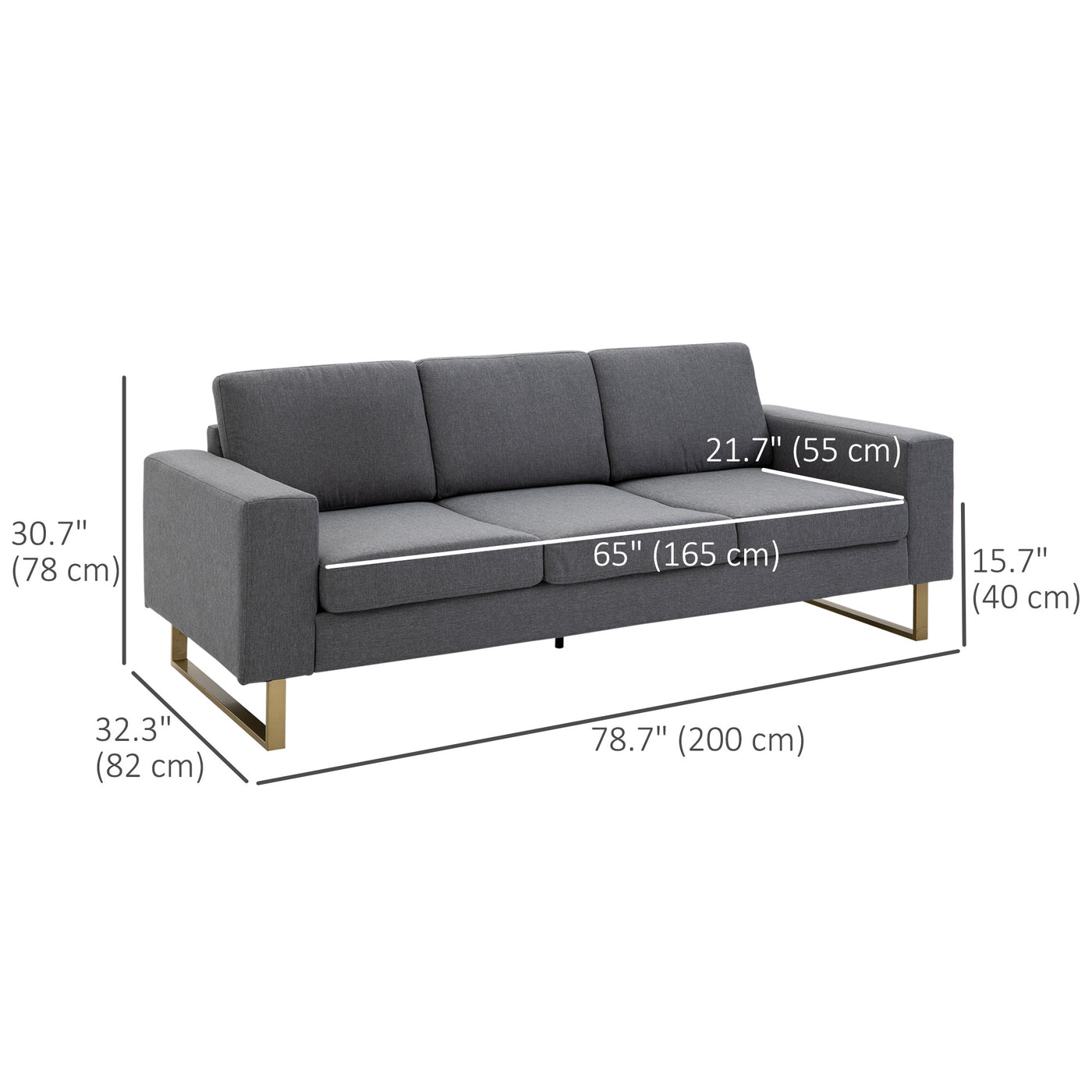 3 Seater Sofa, Linen Upholstered Cozy Padded Couch with Steel Leg, Backrest and Wide Armrest, for Living room, Bedroom, Dark Grey
