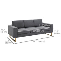 3 Seater Sofa, Linen Upholstered Cozy Padded Couch with Steel Leg, Backrest and Wide Armrest, for Living room, Bedroom, Dark Grey