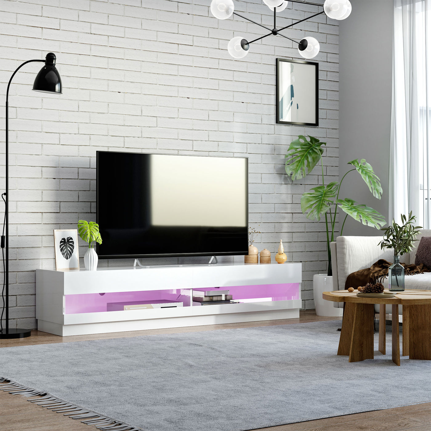 Lighted TV Stand for TVs up to 75", TV Cabinet with Storage for Living Room, High Gloss White