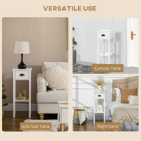 2 Tier Side Table, Set of 2, Narrow Tall End Table with Drawer and Shelf, Slim Wooden Nightstand for Living Room, Bedroom, Hallway, White
