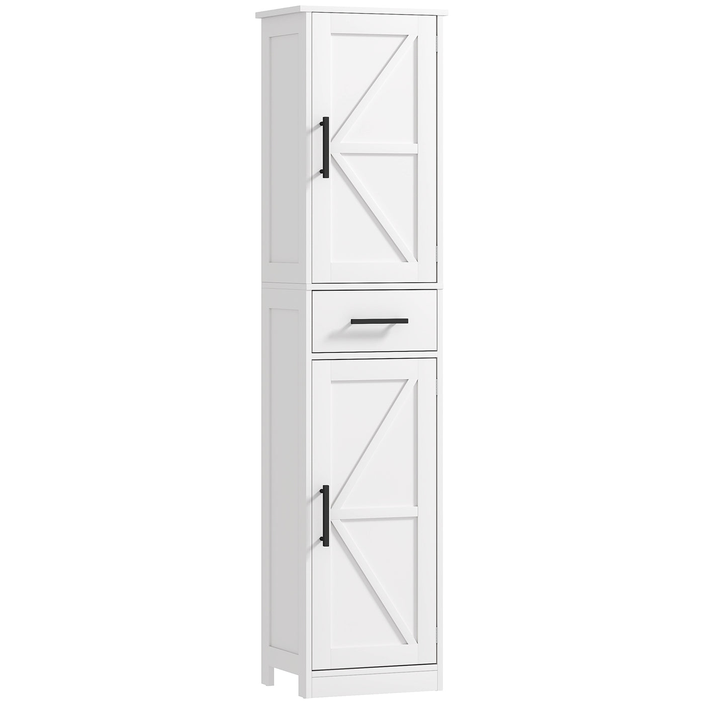 67" Tall Bathroom Cabinet, Narrow Bathroom Storage Cabinet with Drawer, Barn Doors and Adjustable Shelves, White