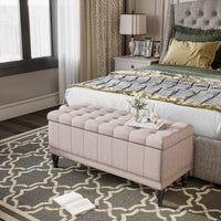 Storage Ottoman, Linen Fabric End of Bed Bench with Soft Close Lid, Button Tufted Storage Bench for Living Room, Entryway or Bedroom, 42" x 17" x 19", Beige