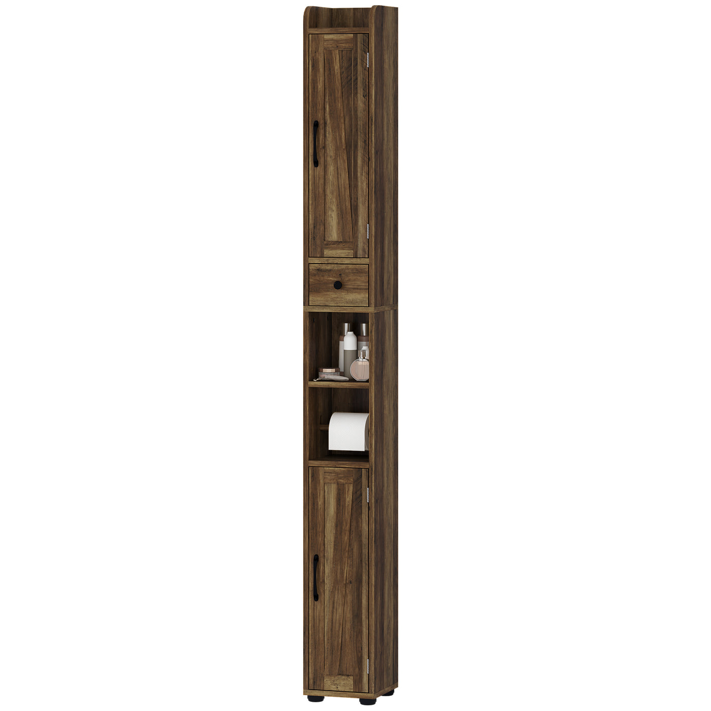 Narrow Bathroom Cabinet, Tall Bathroom Storage Cabinet with Barn Doors, Drawer and Adjustable Shelves, Brown Wood Grain