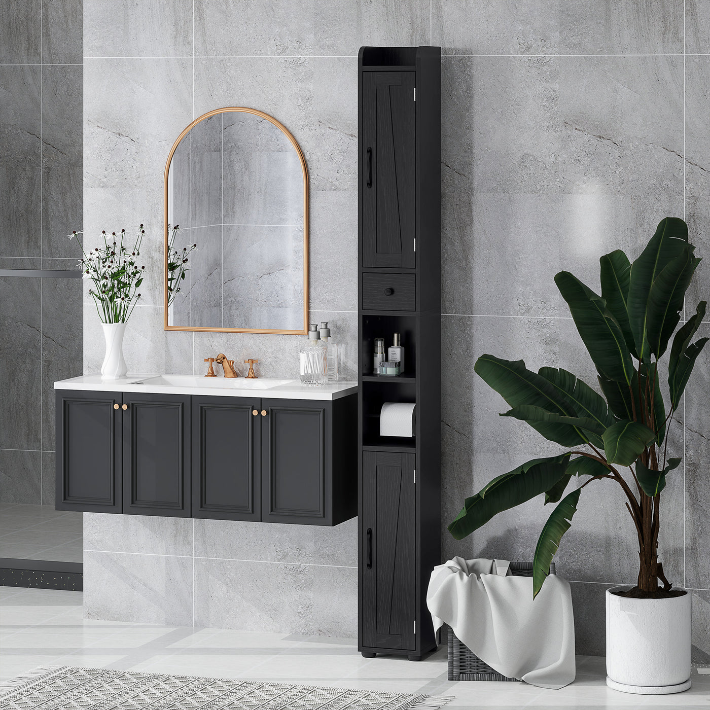 Narrow Bathroom Cabinet, Tall Bathroom Storage Cabinet with Barn Doors, Drawer and Adjustable Shelves, Black Wood Grain