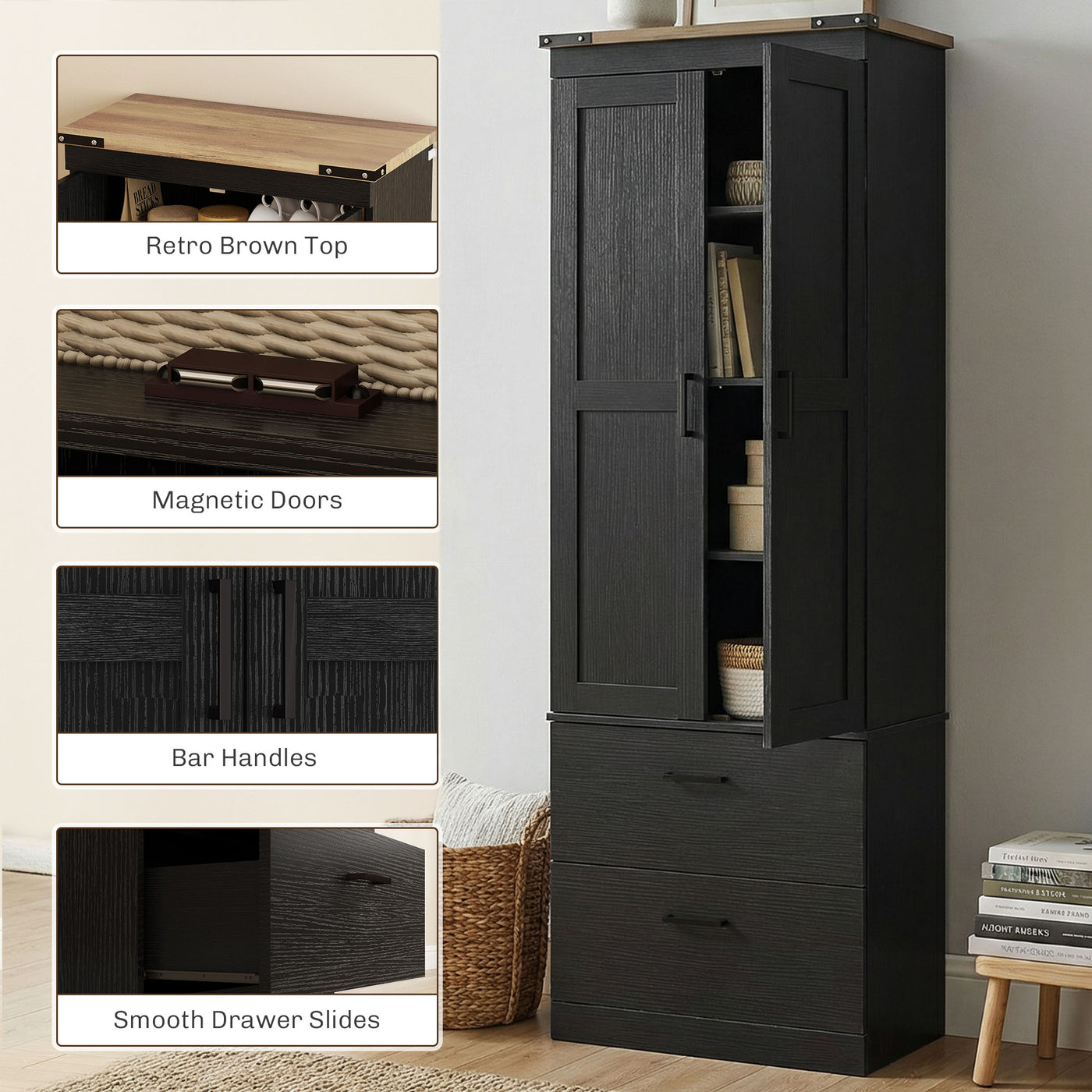 67" Tall Kitchen Pantry Storage Cabinet, Kitchen Pantry Cabinet with Doors, Drawers and Adjustable Shelves, Black