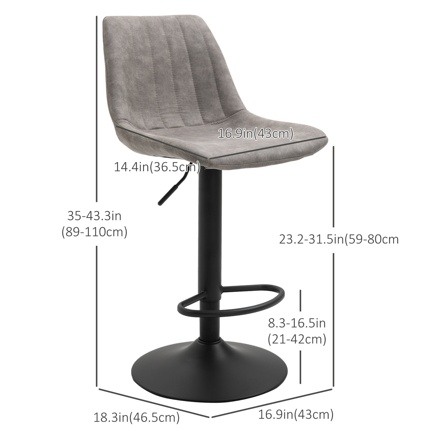 Adjustable Bar Stools Set of 2, Leathaire Swivel Barstools with Back and Footrest, Upholstered Bar Chairs for Kitchen, Dining Room, Home Pub, Grey