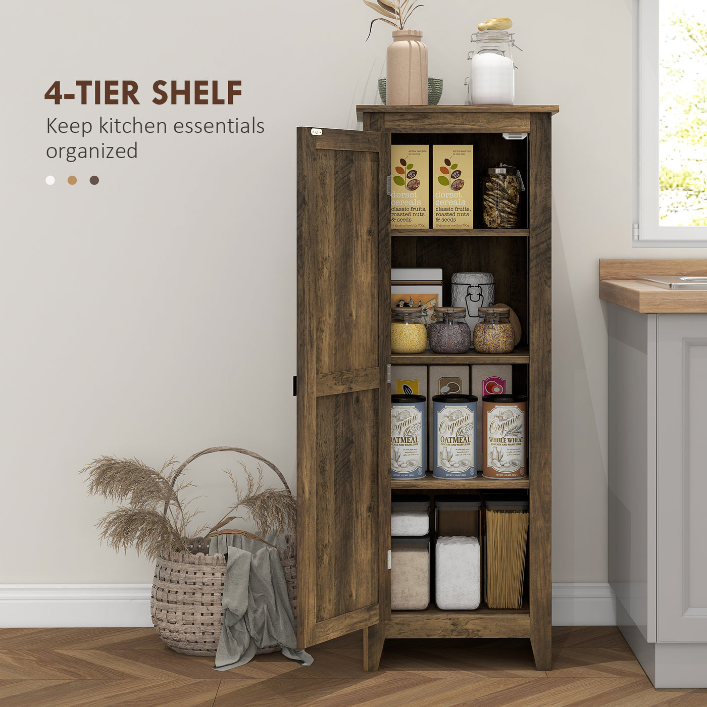 48" Farmhouse Kitchen Pantry Storage Cabinet with Barn Door, Kitchen Pantry Cabinet with Adjustable Shelves, Brown