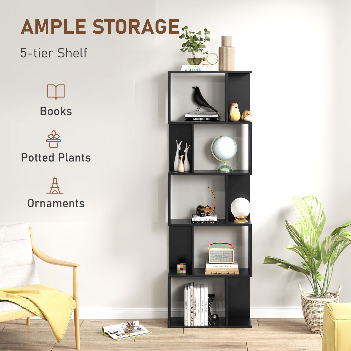 5-Tier Geometric Bookshelf, S Shaped Bookcase, Modern Freestanding Display Shelf Unit for Home Office, Black