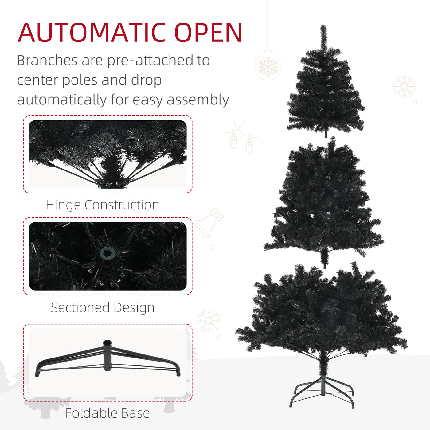 6ft Artificial Christmas Trees with Auto Open and Steel Base, Black