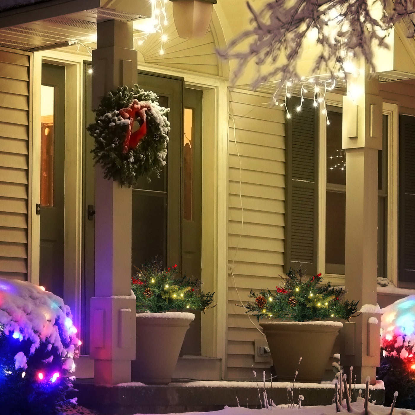 1.5 Foot/16 inch 2 Pack Prelit Artificial Christmas Tree Cordless with 69 Branches, Warm White LED lights, Red Berries, Pine Cones, for Outdoor Entryway, Green