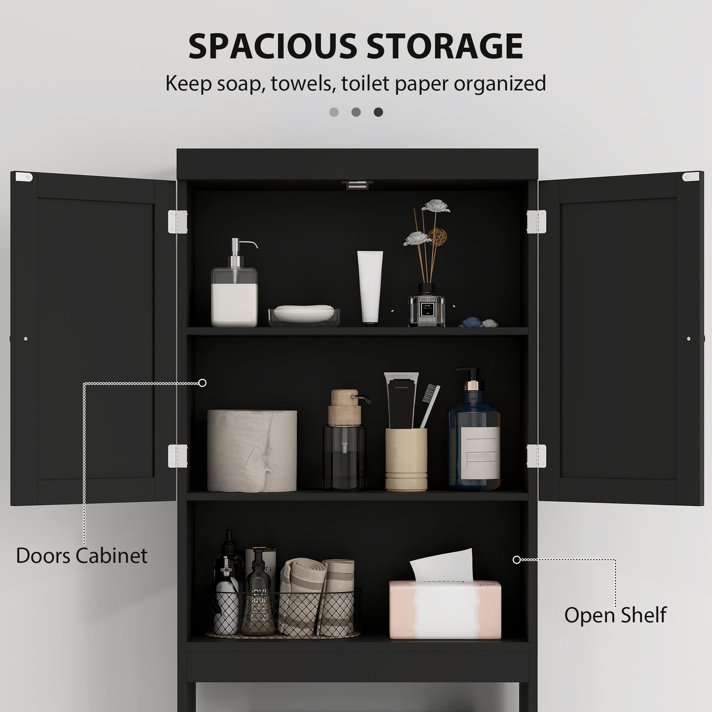 Over The Toilet Cabinet, Modern Bathroom Above Toilet Storage with Barn Doors and Open Shelf, Black