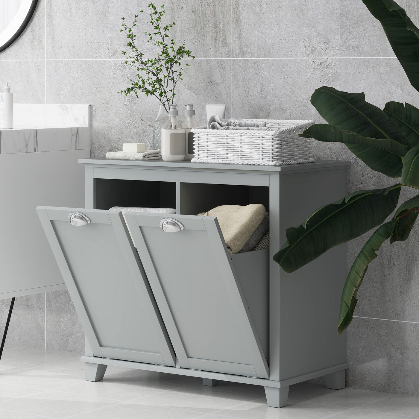 Tilt-Out Laundry Storage Cabinet, Bathroom Storage Organizer with Two-Compartment Tilt Out Hamper, Grey