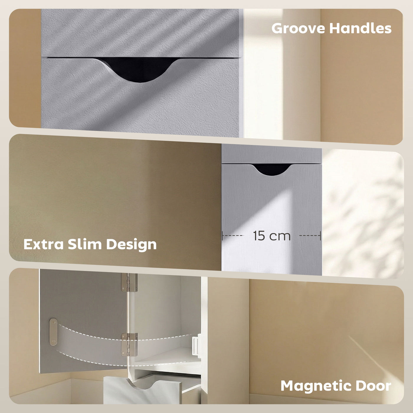Tall Bathroom Storage Cabinet, Narrow Bathroom Cabinet with Drawers and Open Shelves for Small Spaces, White and Grey