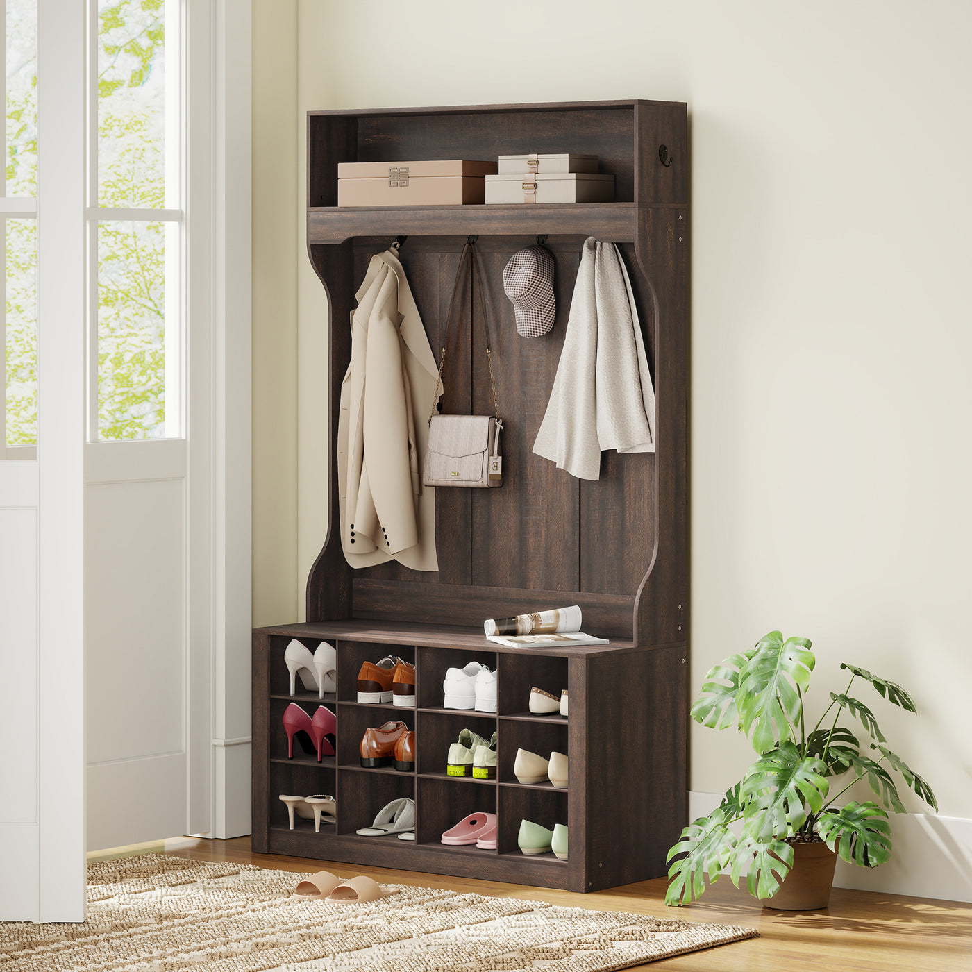 4-In-1 Hall Tree with Bench and Shoe Storage, Farmhouse Coat Rack Shoe Bench with 12 Shoe Cubbies, 6 Hooks, Dark Brown
