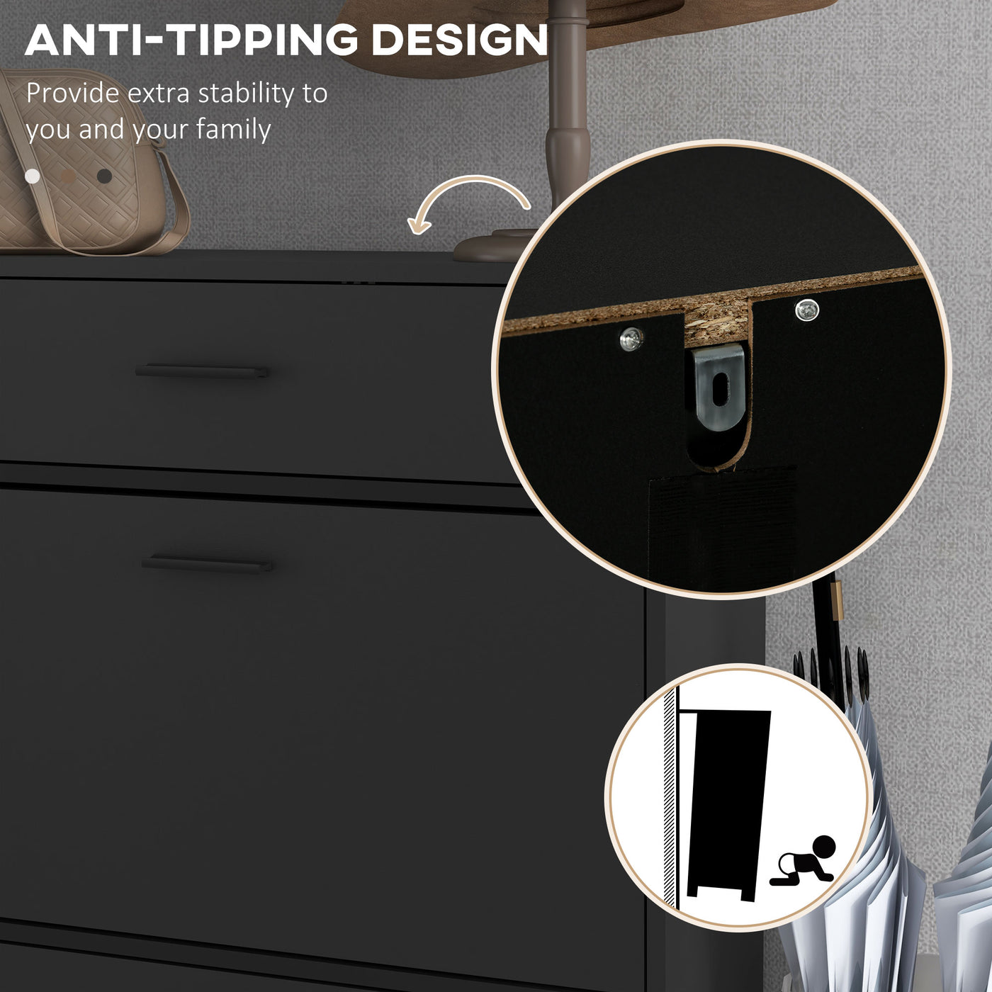 Modern Shoe Cabinet Storage 12 Pair Shoe Organizer with 2 Flip Doors Drawer and Adjustable Shelf Black