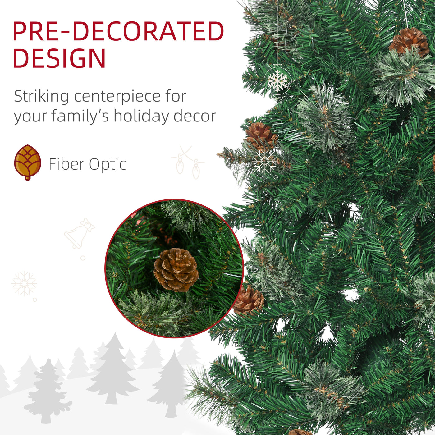 6.5ft Pencil Christmas Tree, Artificial Christmas with Pine Needles, Realistic Branches, Pine Cones, Metal Base, Green