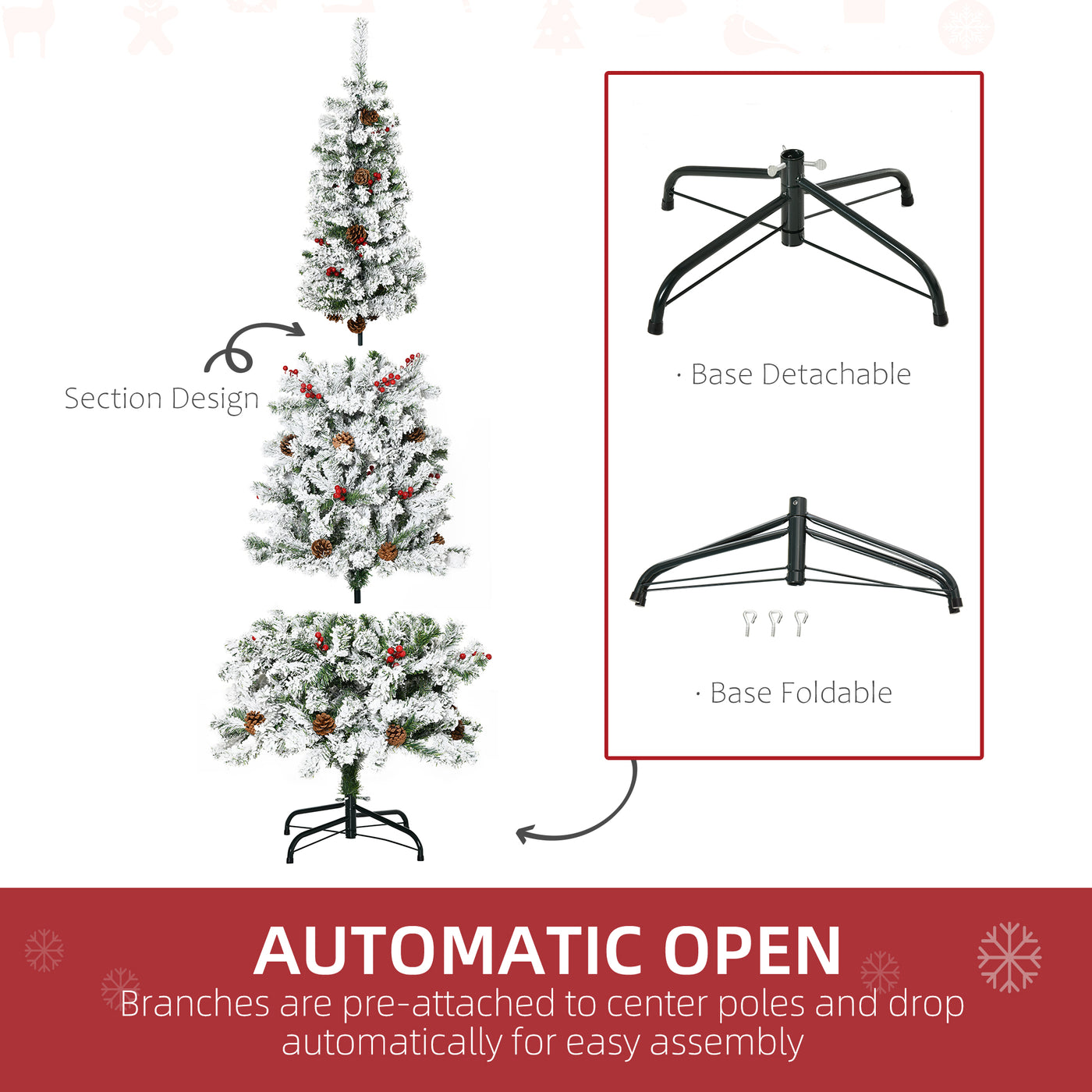 6 Foot Pencil Snow Flocked Artificial Christmas Tree with 600 Pine Realistic Branches, Pine Cones, Red Berries, Auto Open, Green
