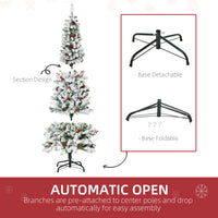 6 Foot Pencil Snow Flocked Artificial Christmas Tree with 600 Pine Realistic Branches, Pine Cones, Red Berries, Auto Open, Green