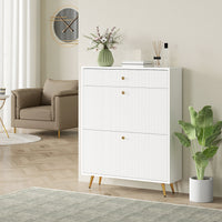 Narrow Shoe Storage Cabinet with Wave-like Panels and Adjustable Shelves for 12 Pairs of Shoes, White