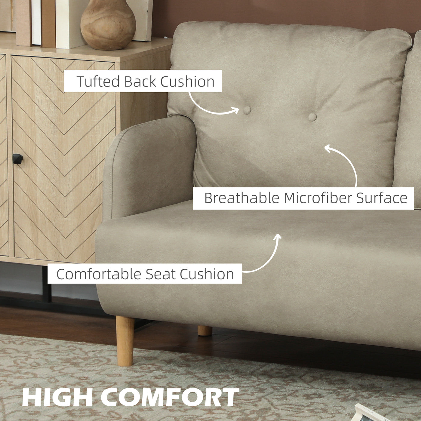58" 2 Seat Sofa, Modern Love Seats Furniture, Upholstered 2 Seater Couch, Solid Wood Frame, Beige
