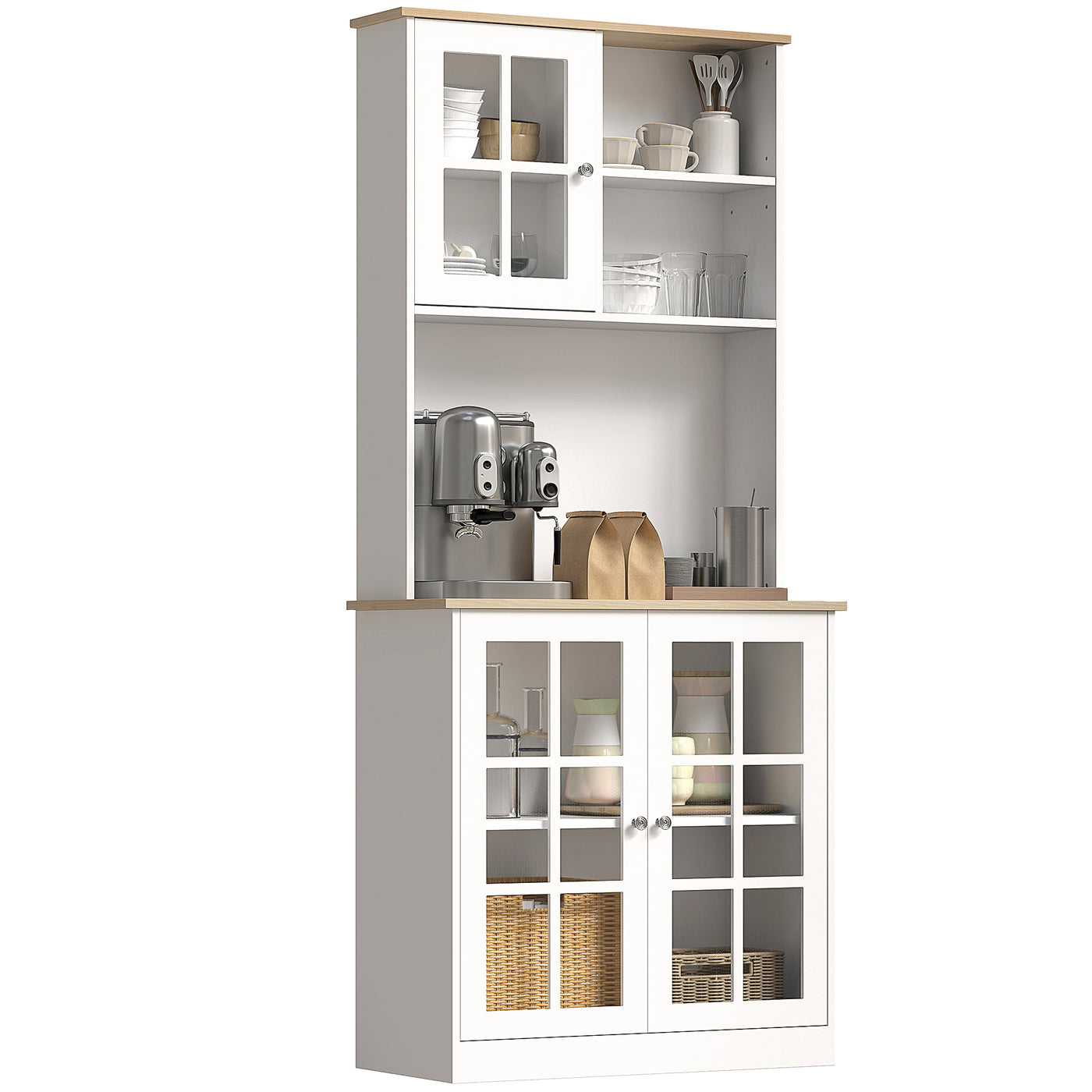 Kitchen Buffet with Hutch, Storage Pantry with 3 Cabinets, 2 Open Shelves and Large Countertop, White