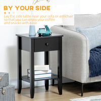 Side Table Set of 2, End Tables with Drawer and Bottom Shelf, 2-tier Nightstand for Bedroom, Living Room, Black