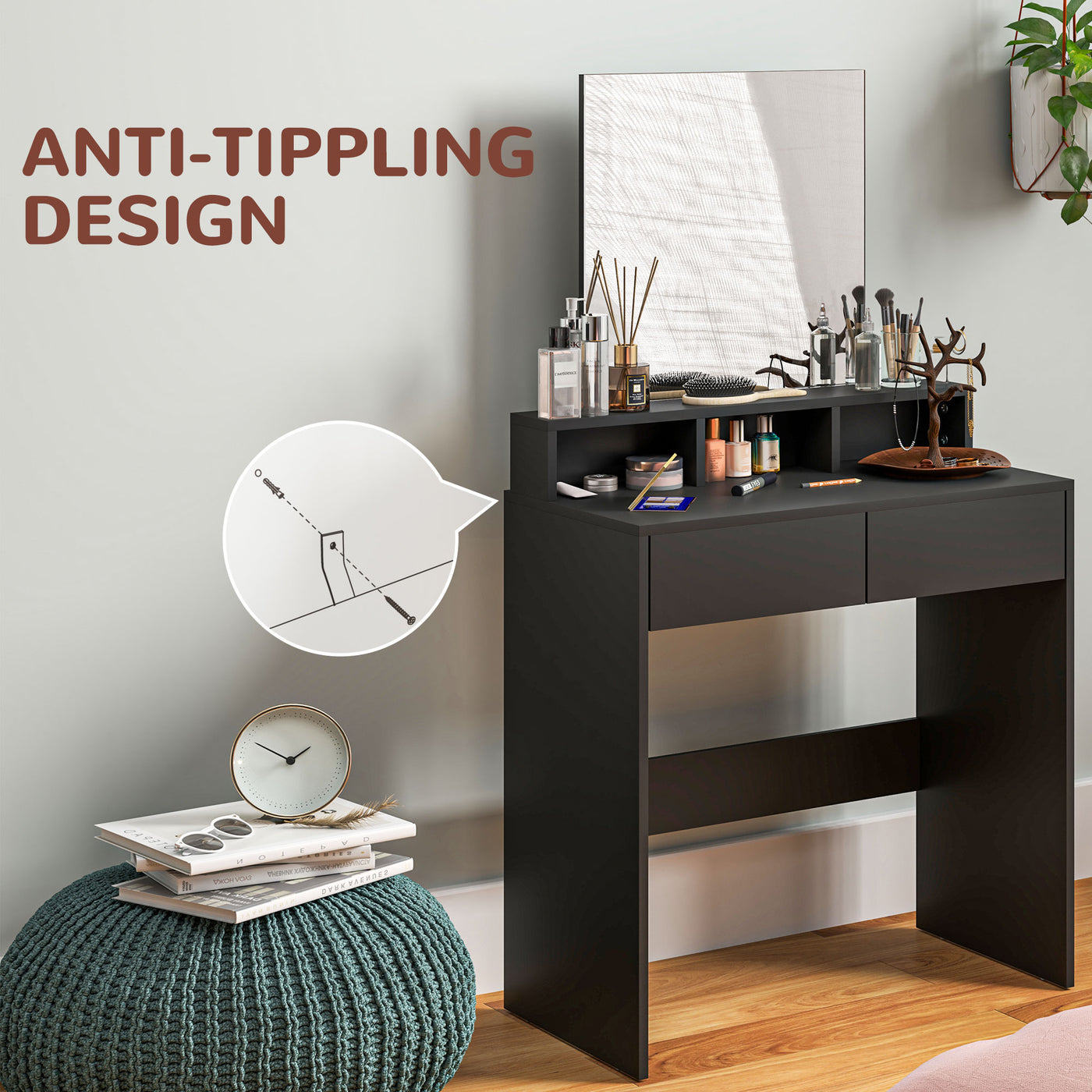 Makeup Vanity Desk with Mirror, for Bedroom, Modern Dressing Table with Drawers, Compartments, Black
