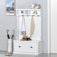64.5" H Hall Tree with Storage Drawer & Top Shelf, Coat Rack Wooden Entryway Storage Bench Hall Tree Hallway Clothes Bag Coat Rack 4 Hooks, White