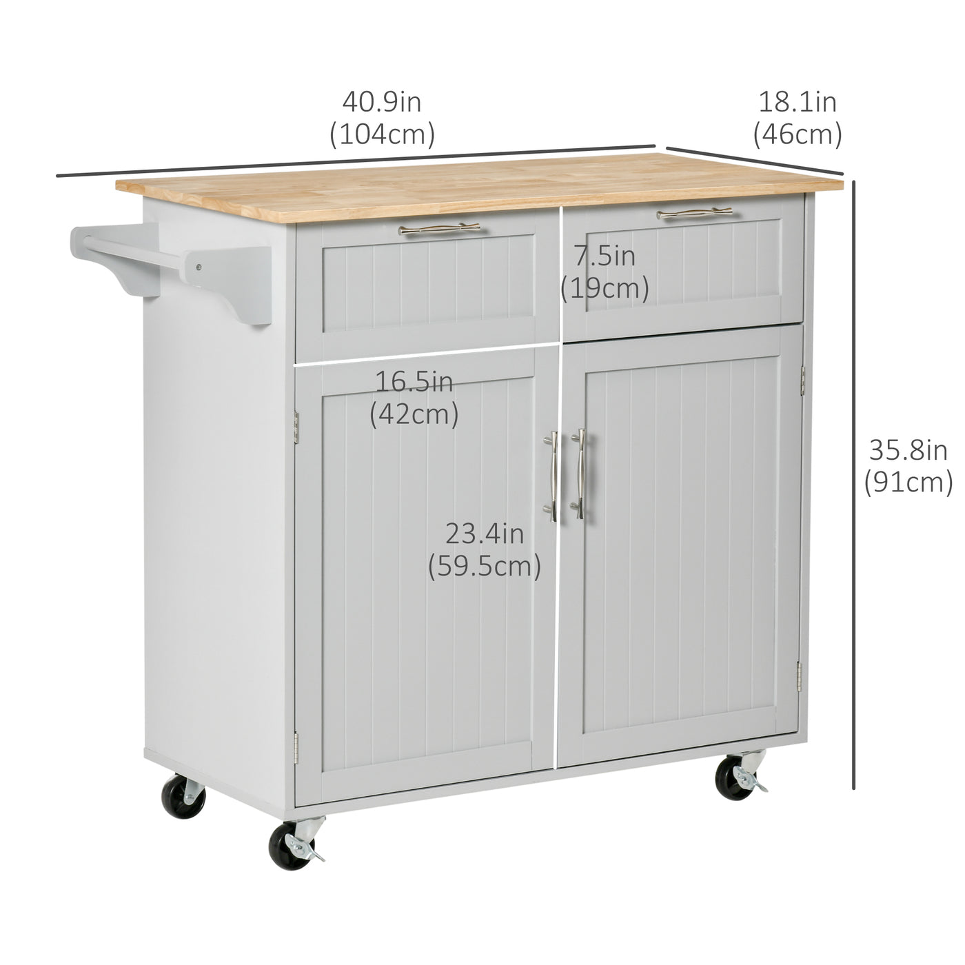 41" Kitchen Island with Storage and Solid Wood Top, Rolling Kitchen Cart on Wheels with 2 Storage Drawers, 2 Doors and Towel Rack for Dining Room, Grey