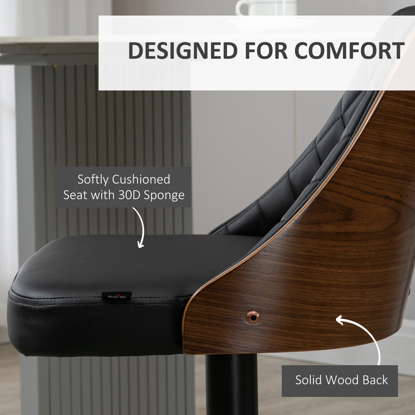 Modern Bar Stools PU Leather Set of 2 Swivel Bar Height Barstools Chairs with Adjustable Height, Round Heavy Metal Base and Footrest, Black