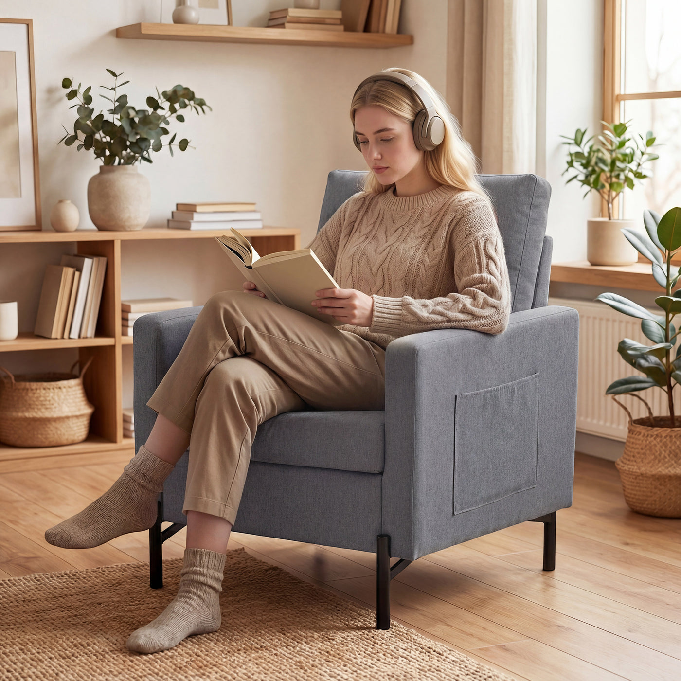 Accent Chair Modern Upholstered Armchair with Side Pockets and Cushion for Bedroom, Living Room, Dark Grey