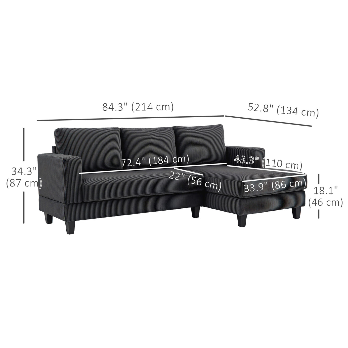 L Shaped Couch, L Shape Sofa with Chaise Lounge and Spring Cushion for Living Room, Bedroom, Grey