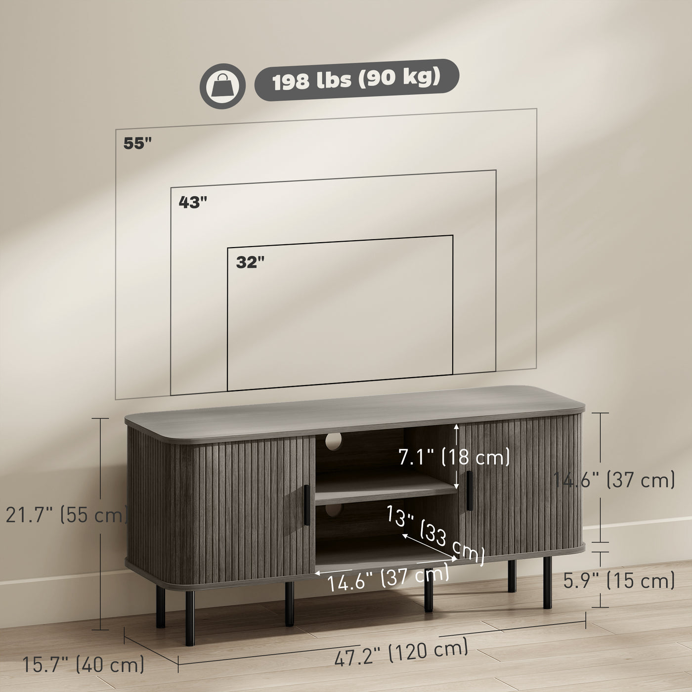 TV Stand Cabinet for TVs up to 55 Inches, TV Unit with Storage Shelves and Cabinets for Living Room, Grey