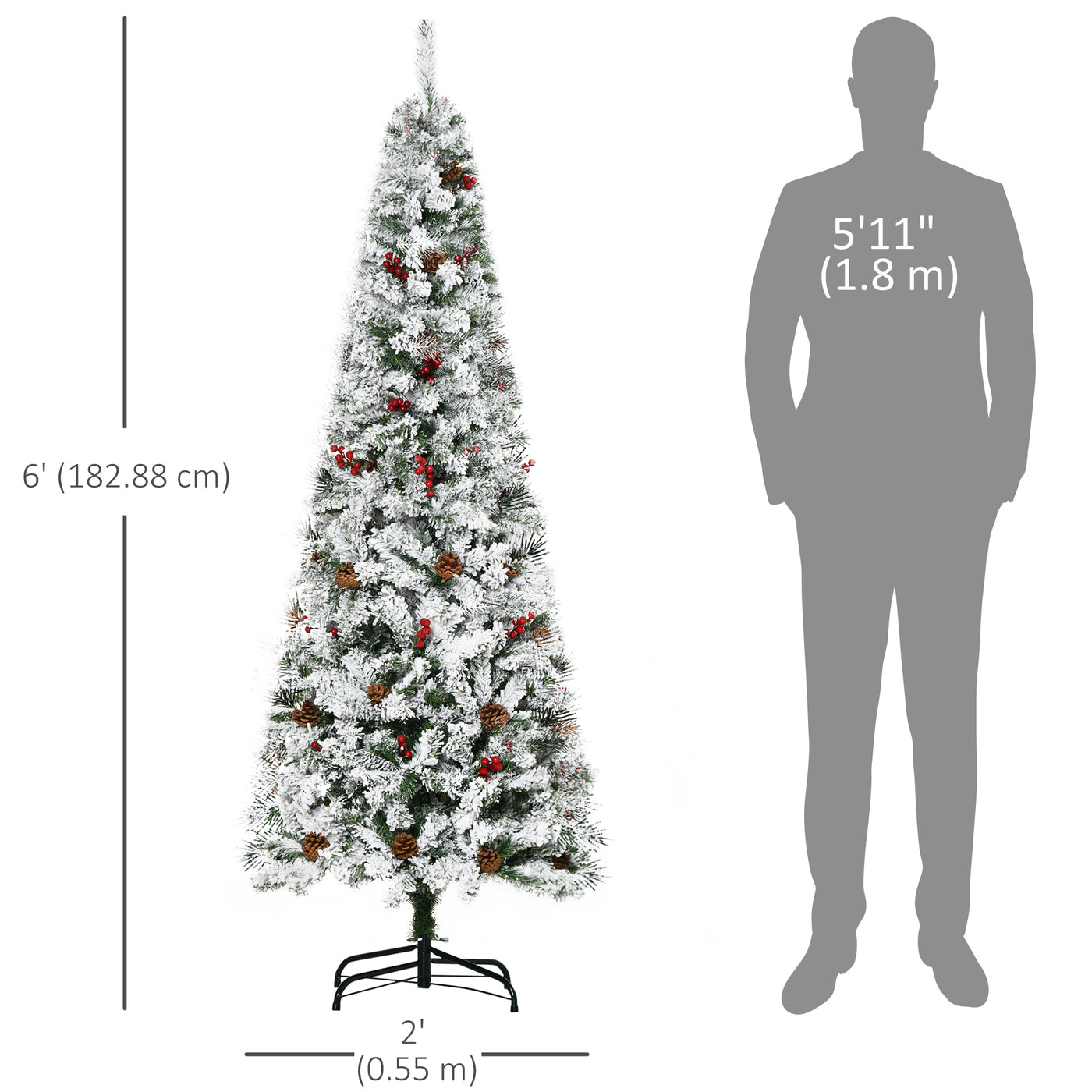 6 Foot Pencil Snow Flocked Artificial Christmas Tree with 600 Pine Realistic Branches, Pine Cones, Red Berries, Auto Open, Green