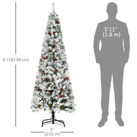 6 Foot Pencil Snow Flocked Artificial Christmas Tree with 600 Pine Realistic Branches, Pine Cones, Red Berries, Auto Open, Green