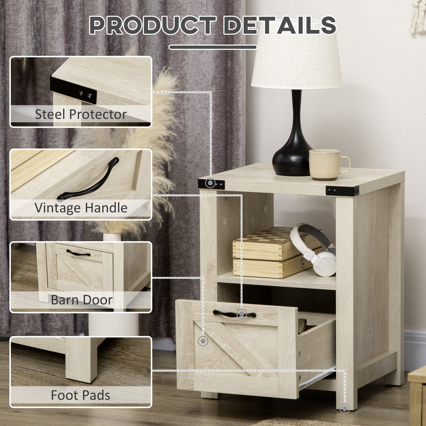 Side Table with Storage, Farmhouse End Table with Drawer, Open Shelf and Barn-style Panel, Nightstand for Living Room, Bedroom, Oak