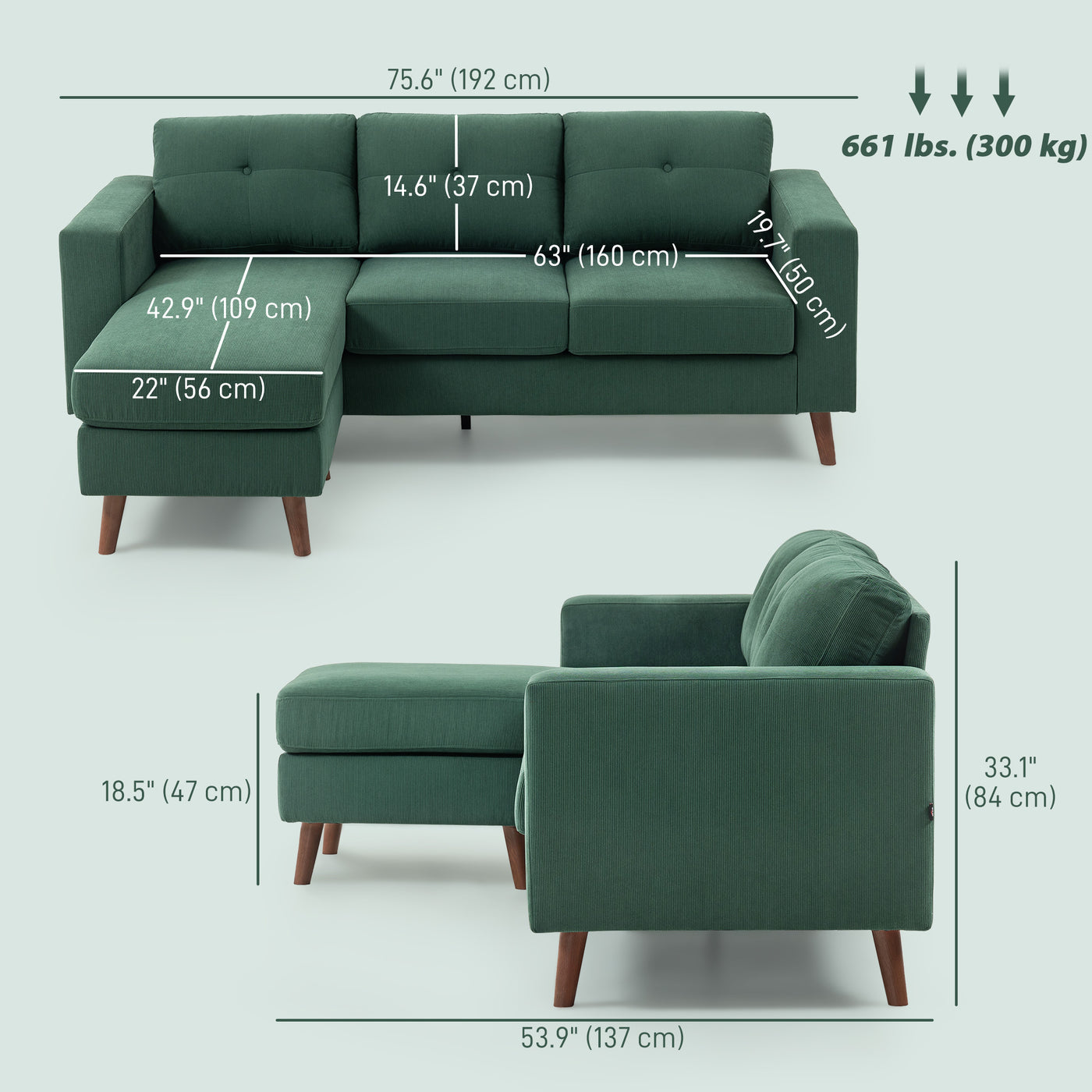 Sectional Sofa with Changeable Chaise Lounge, 3 Seat L-Shaped Sofa, Upholstered Couch for Small Space, Dark Green